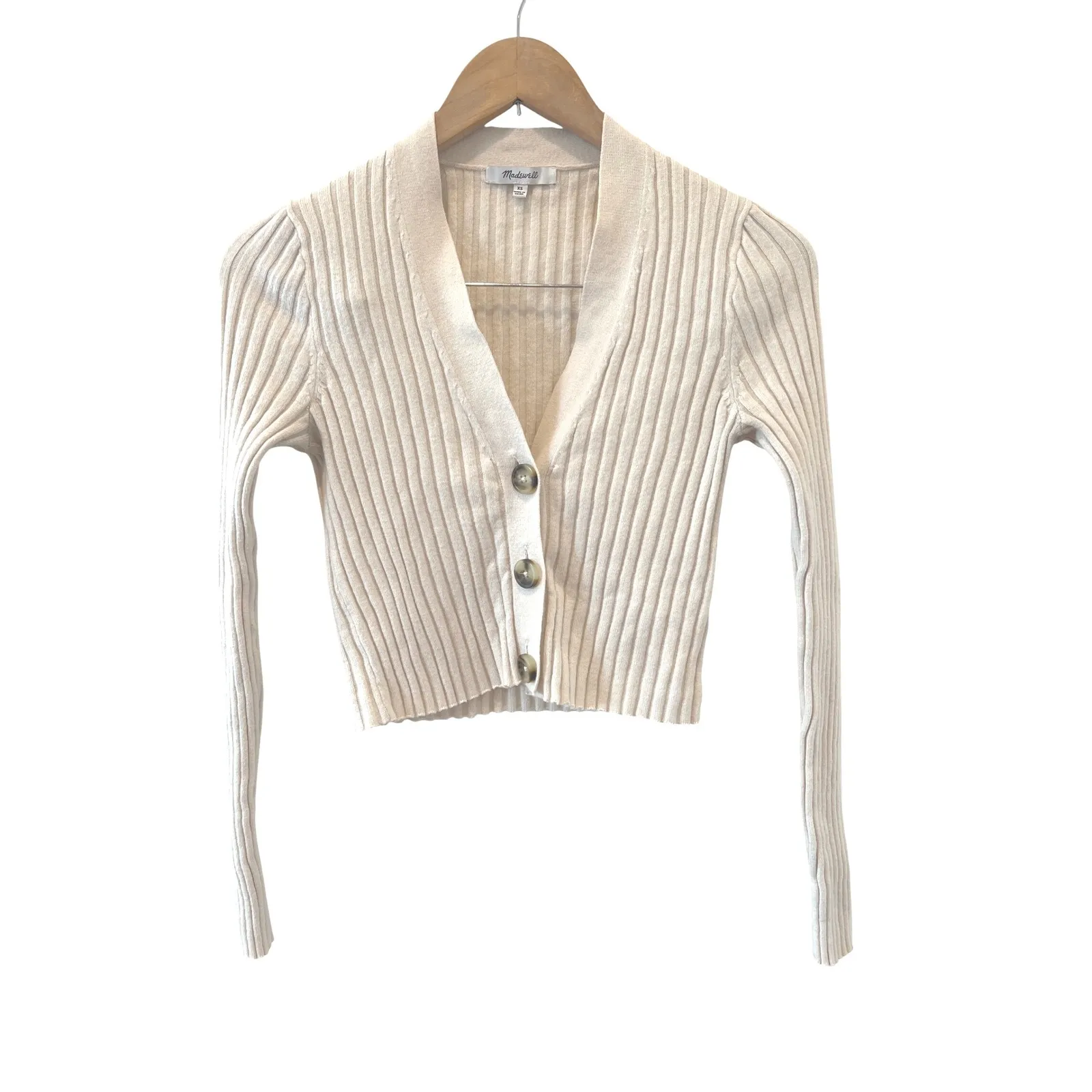 Madewell Brenville Crop Cardigan XS Antique‎ Cream Ribbed Sweater 90s Fit EUC - Image 3
