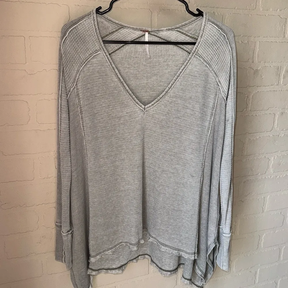 Free Peoplee shirt moss gray green waffle knit small NWT oversied shark bite hem - Image 2