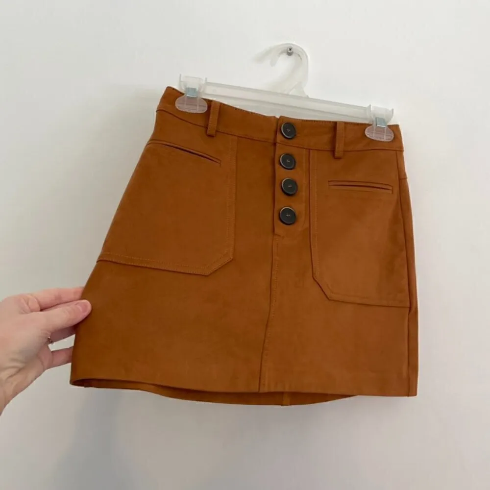 NEW NWT ZARA TRAFALUC TRF Faux Suede Mini Skirt Solid Brown High Waisted Button - Image 9