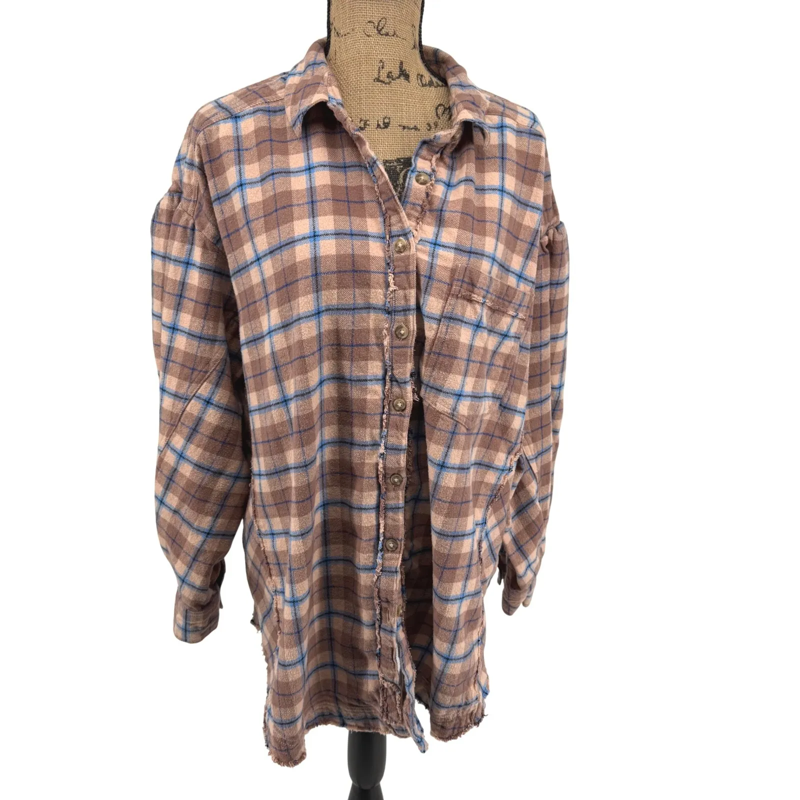 Free People We The Free Happy Hour Oversized Flannel Shirt LG Tan Button Front - Image 2