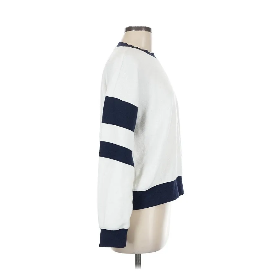 Faherty Beach Fleece Ringer Crew Sweatshirt White Navy Stripe Long Sleeve Top M - Image 4