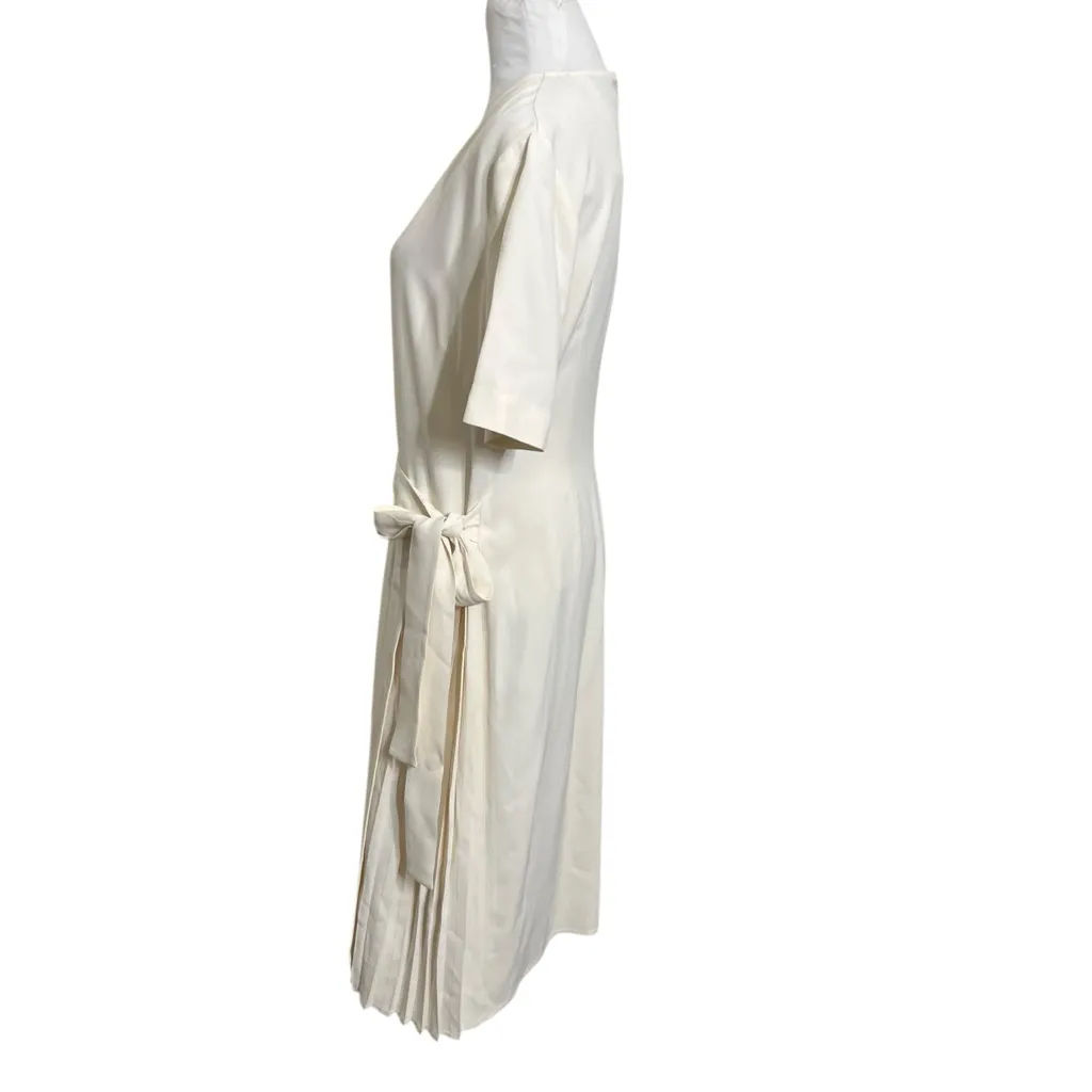 St. John Short Sleeve Tie Waist Midi Dress Women’s Size 8 Ivory Pleated Panel - Image 4