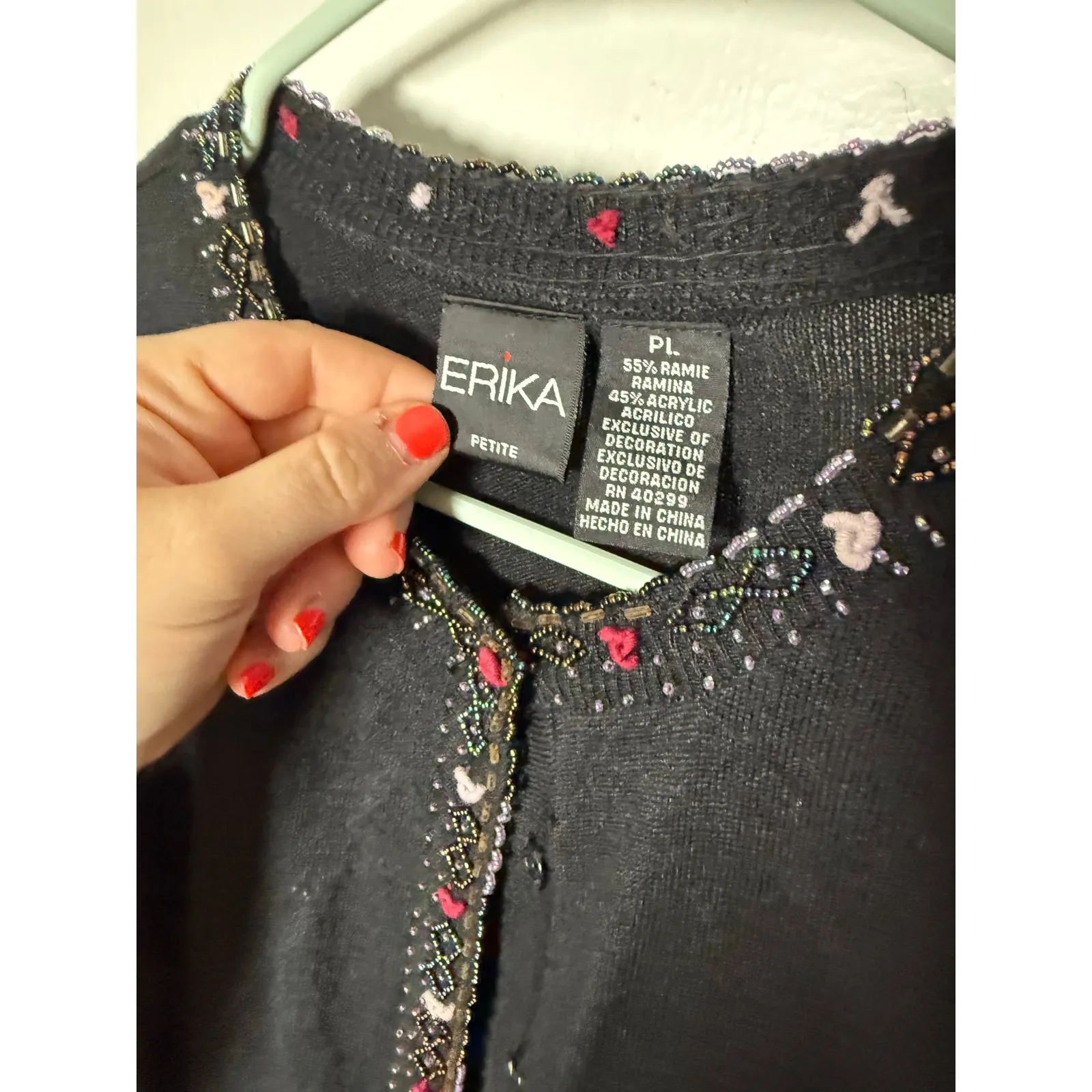 Vintage Erika Black Beaded Floral Coquette Girly Frilly Cardigan Sweater PL - Image 6