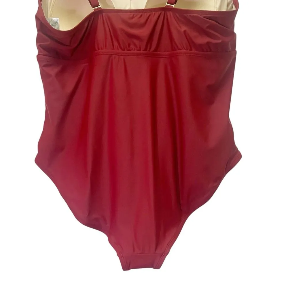 NWT Kona Sol One Piece Swimsuit Size 22W Brick Red Ruffle Strap Ruched Plus Size - Image 10