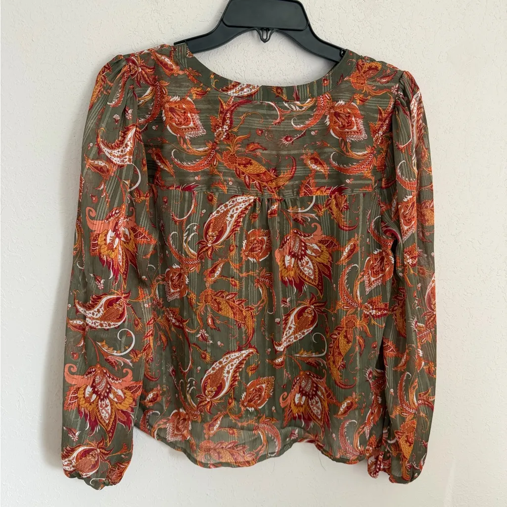 Frye Green Orange Paisley Sheer Button Down Lightweight Blouse Womens M Bohemian - Image 7