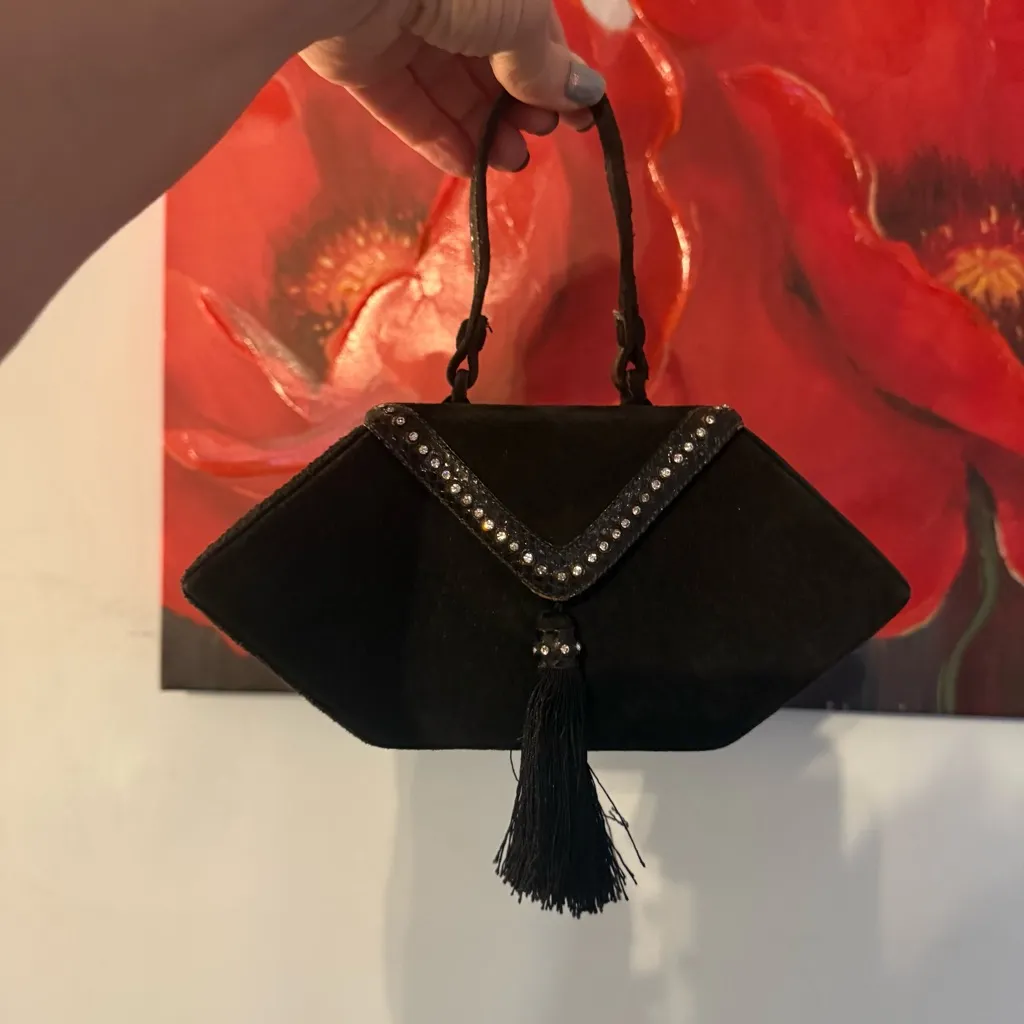Vintage BJ Imports Black Velvet Evening Box Handbag Purse Formal Tassel - Image 2
