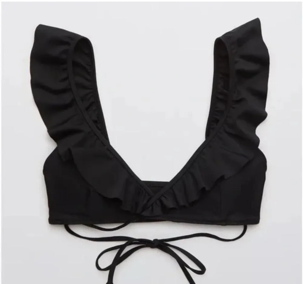 NWT! Aerie Ruffle Wrap Bikini Top in True Black - Size Medium - Image 4