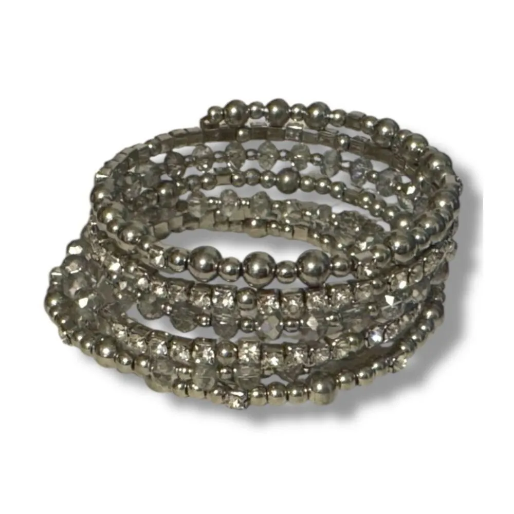 Vintage Y2K Womens Chunky Silver Beaded Rhinestone Slinky Wrap Bracelet Glam 90s - Image 2