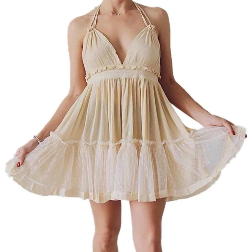 ForeMode Beige Plunge V Neck Backless Halter Babydoll Mini Dress Size XL - Image 4