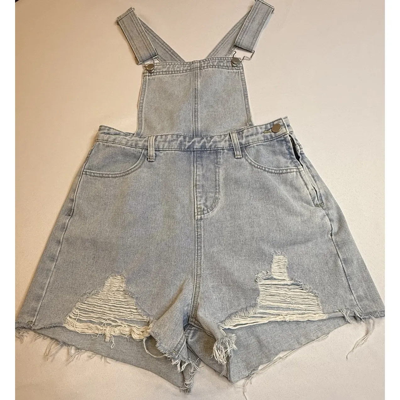 Cider Women Light Wash Distressed High Rise Denim Jean‎ Shorts Romper Playsuit # - Image 2