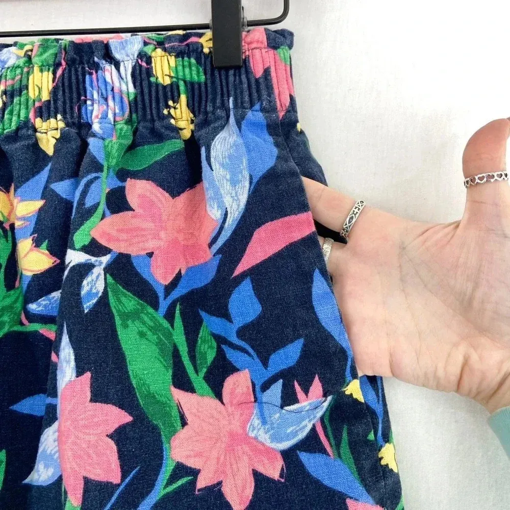 J. Crew Women's Linen Blend Navy Blue Pink Floral Elastic Waist Skirt Size 8 M - Image 5