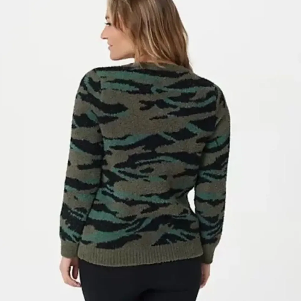 Barefoot Dreams Cozy Chic Seaside Crewneck Pullover Sweater Green Camo XL - Image 3