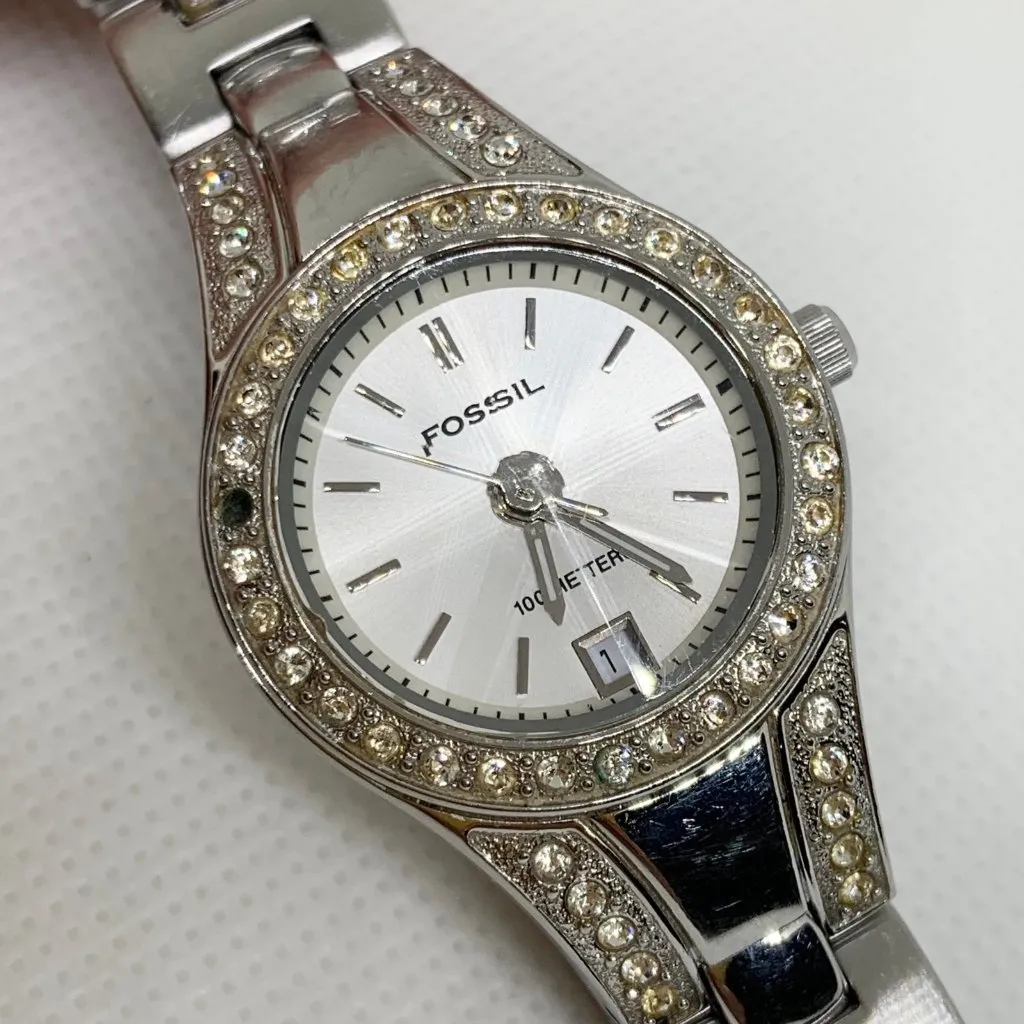 Fossil Blue women date watch AM-4026 Rhinestones 25mm quartz size 6.5” running - Image 2
