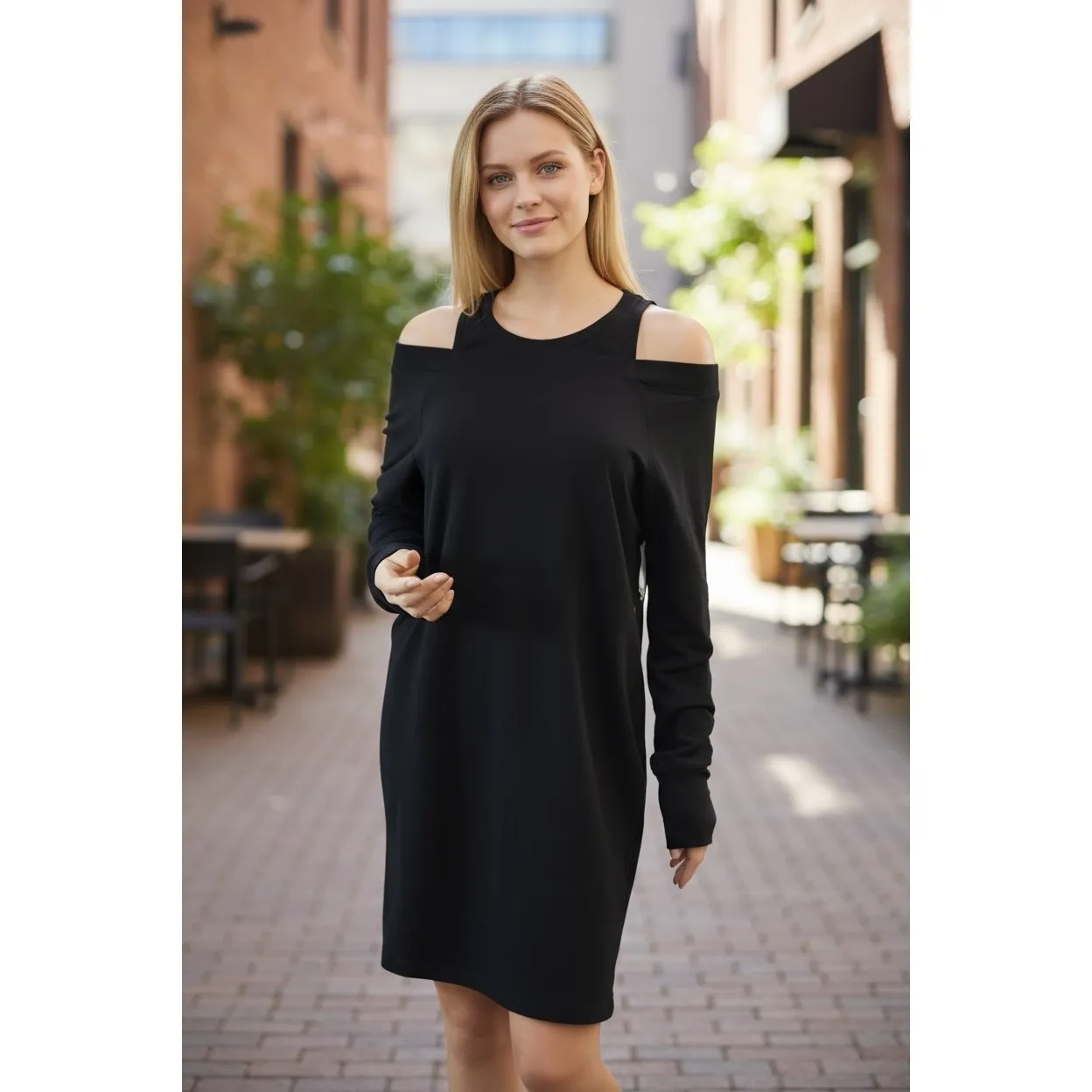 SUPER COMFY COTTON MIX SHOULDER CUT OUT DRESS‎ BY SUNDAY SZ 1 BLACK $124 - Image 9