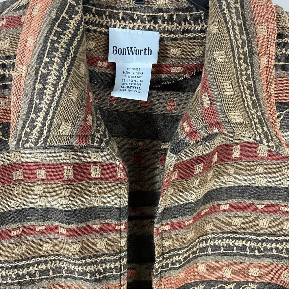 BonWorth Boho Embroidered Open Front Shirt Jacket Southwest Cottagecore Woven Brown Size M - Image 5