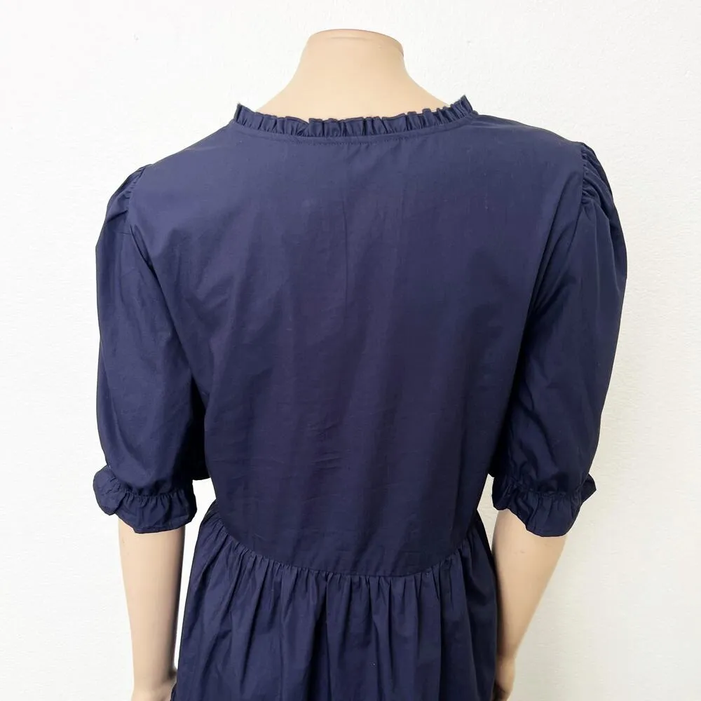 [Primark] Navy Blue Puff Sleeve Tiered Babydoll V-Neck Mini Smock Dress Size 14 - Image 4