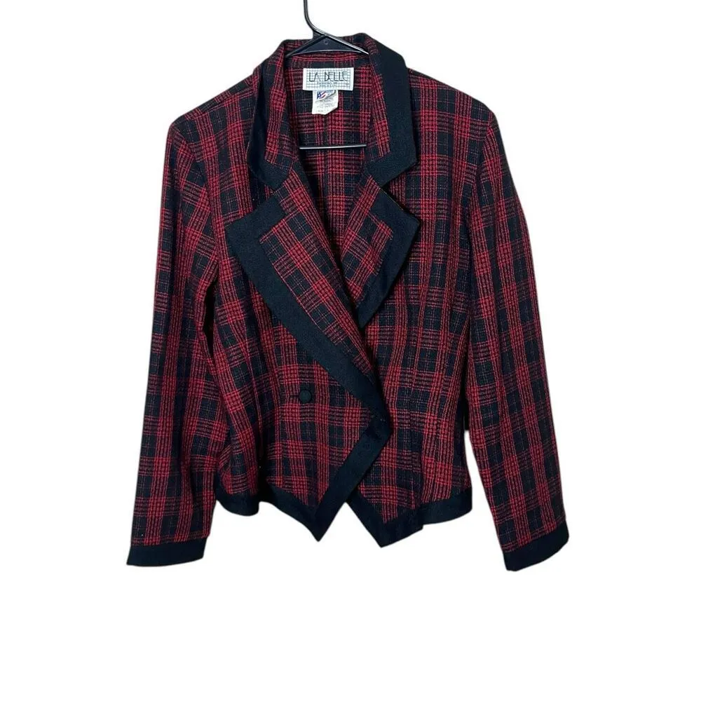 Vintage La Belle 80s 90s Red Black Plaid Blazer ‎ Size 7 - Image 2