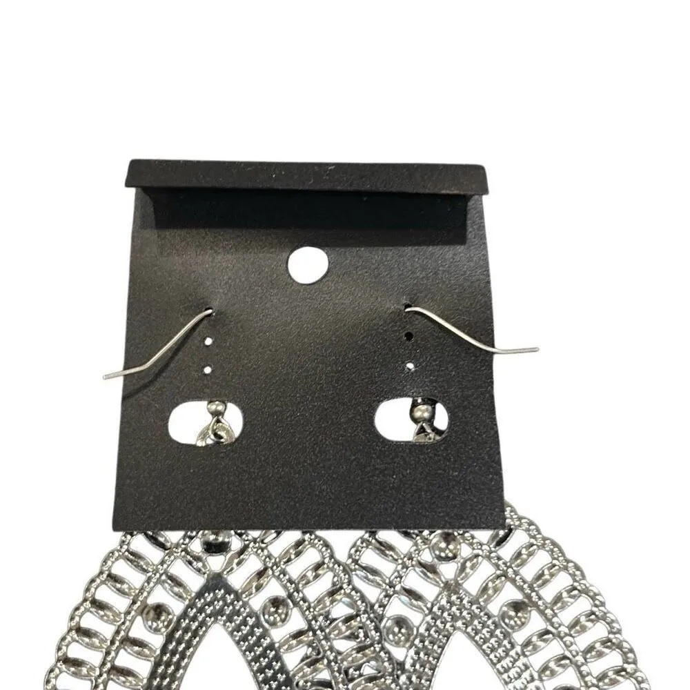 Silver Teardrop Filigree Yellow Black Beads Long Earrings Chain Fringe Stars NWT - Image 5