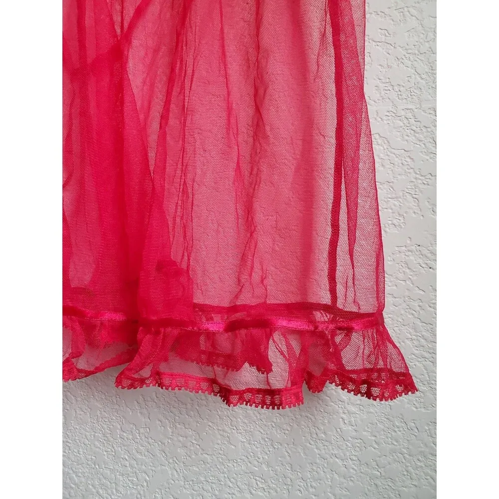 Victoria's Secret Babydoll Women Small Red Lace Bow Slip Dress Sheer Cami Ruffle - Image 4