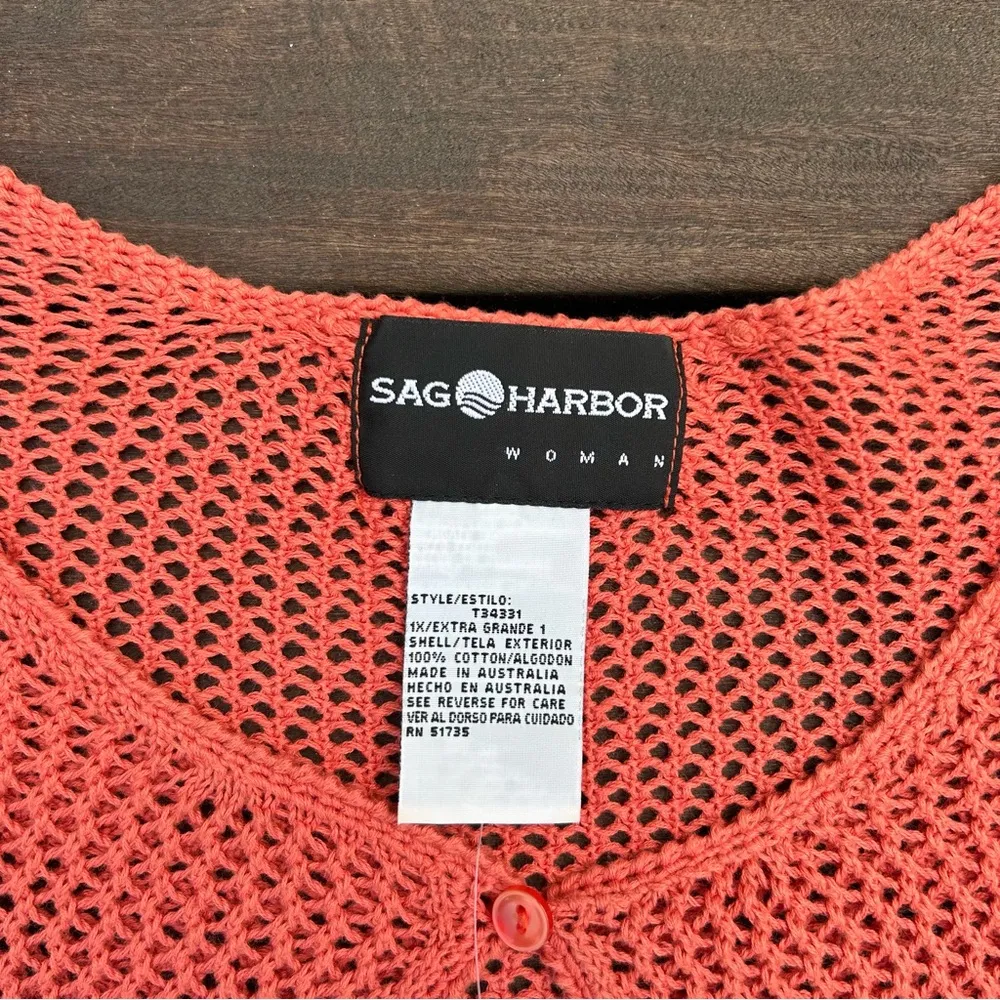 Salmon Pink Vintage Cotton Sag Harbor Crochet Netted Short Sleeve Cardigan Size XL - Image 4
