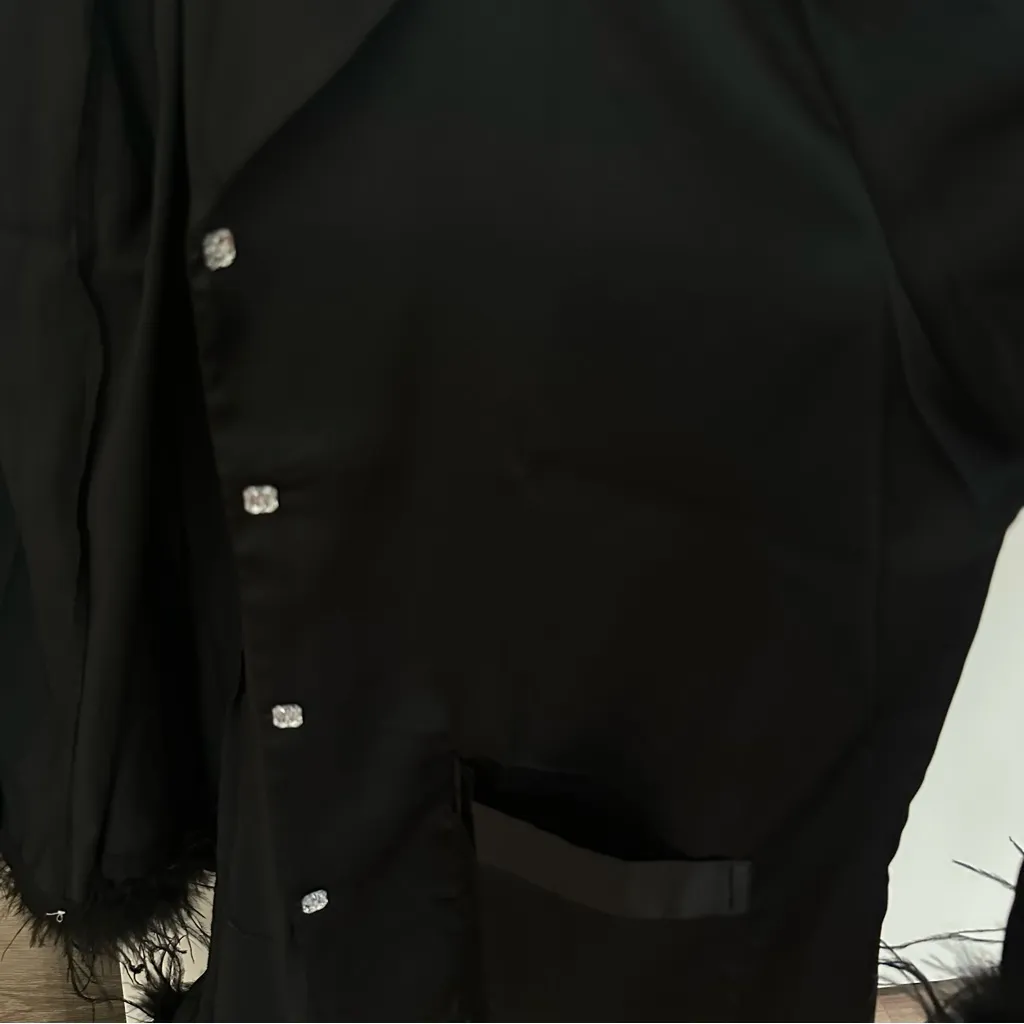 Luxury Black Feather Trim Pajama Set Size M - Image 4