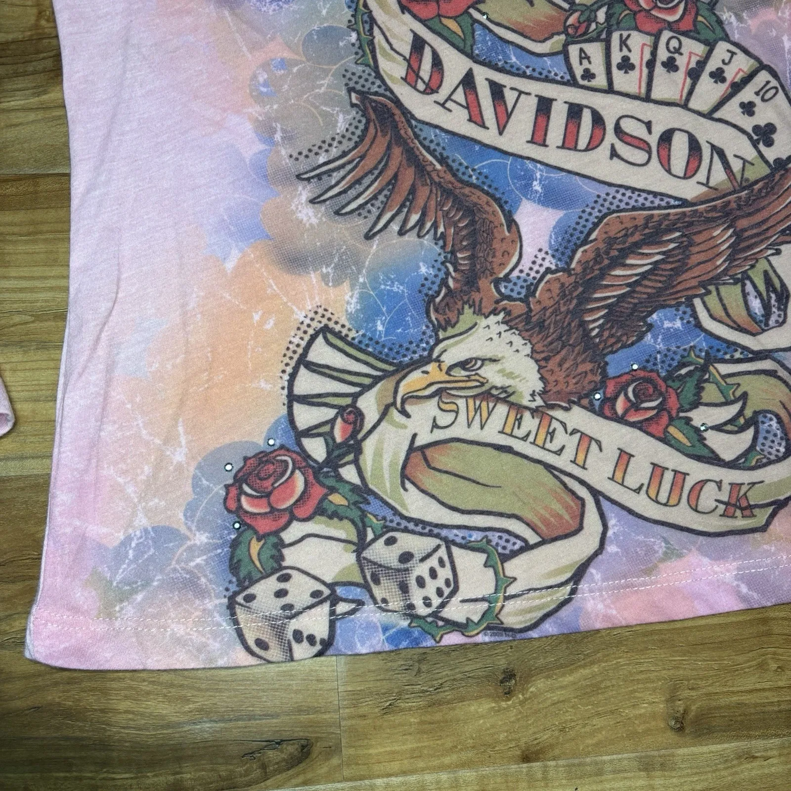 Harley Davidson Women's Large Red Lodge MT Jailhouse Ink‎ Tattoo Sweet Luck Tee Pink - Image 2