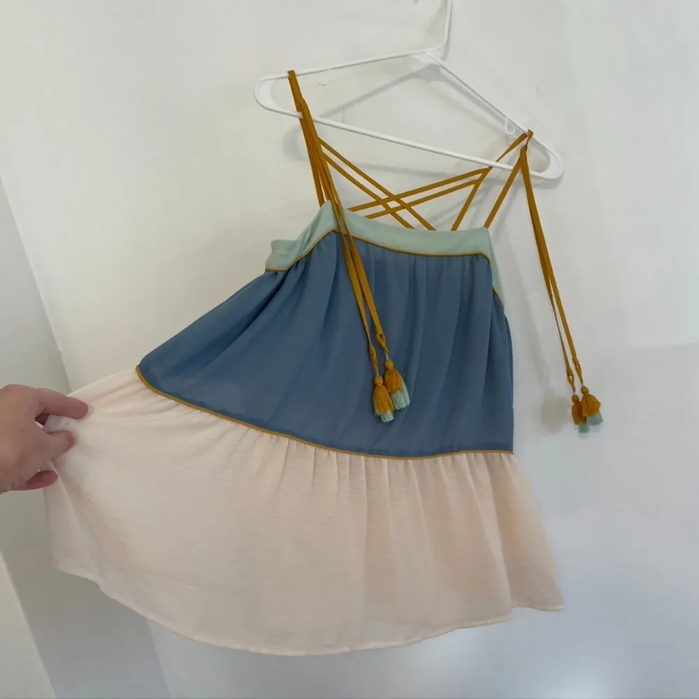 ANN TAYLOR LOFT Poolside Peplum Cami Cream Beige Blue Tassel Strappy Tank Blouse - Image 11