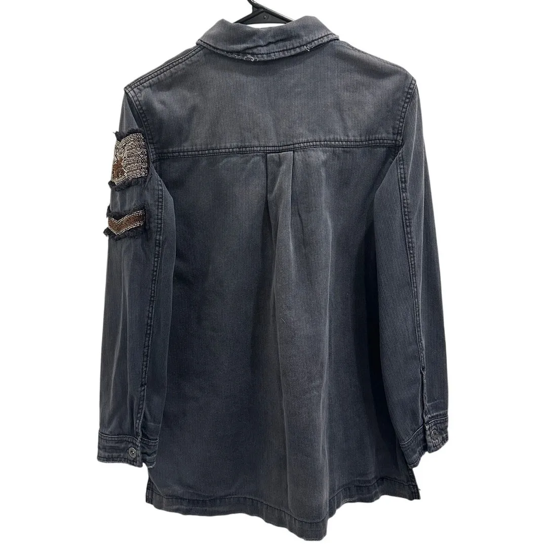 Free People Embellished Military Shirt Jacket Gray Distressed Beaded Patchwork - Image 2