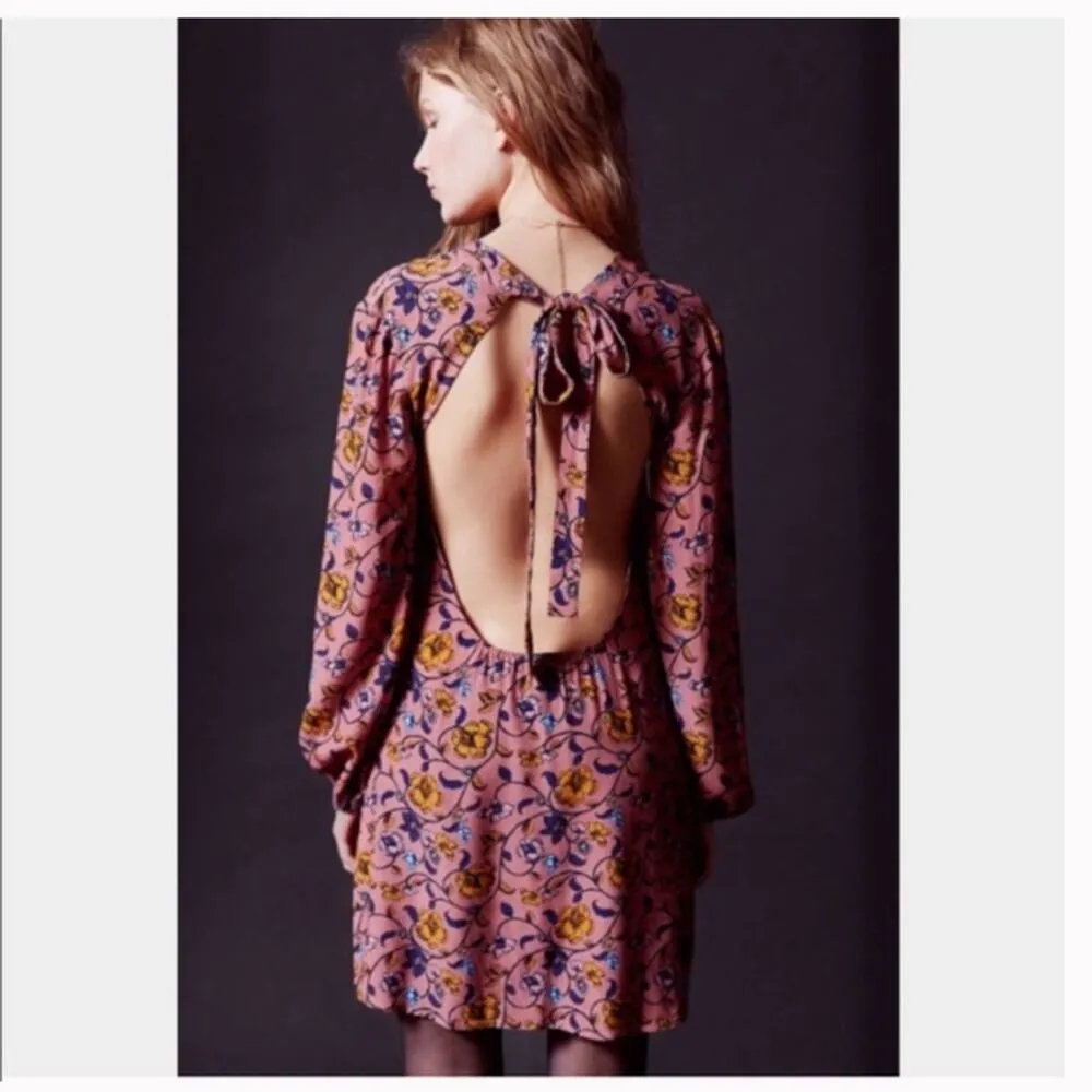 For Love And Lemons Mini Dress Small Pink Floral Open Back Long Sleeve Boho - Image 12