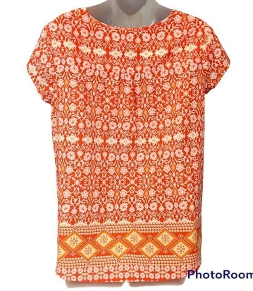 Orange Floral Patterned Cap Sleeve Top Size Medium - Image 2