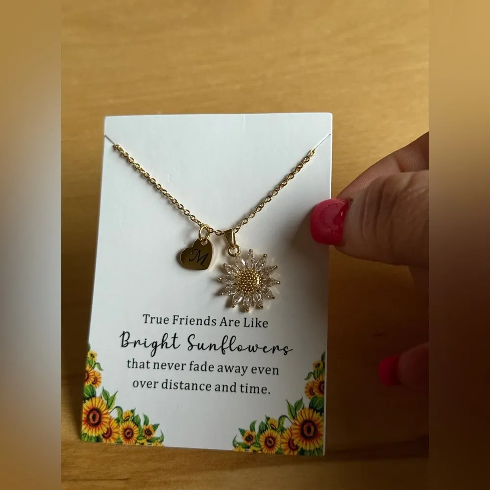 Gold Sunflower Necklace with Heart Charm Initial M - Image 5