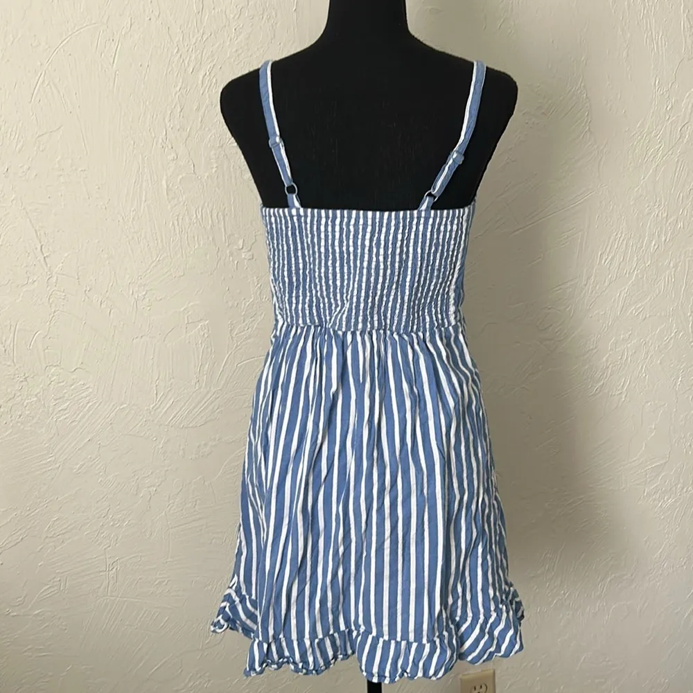 Old Navy Blue and White Striped Ruffled Hem European Sundress W/ Smocked Back - Image 5
