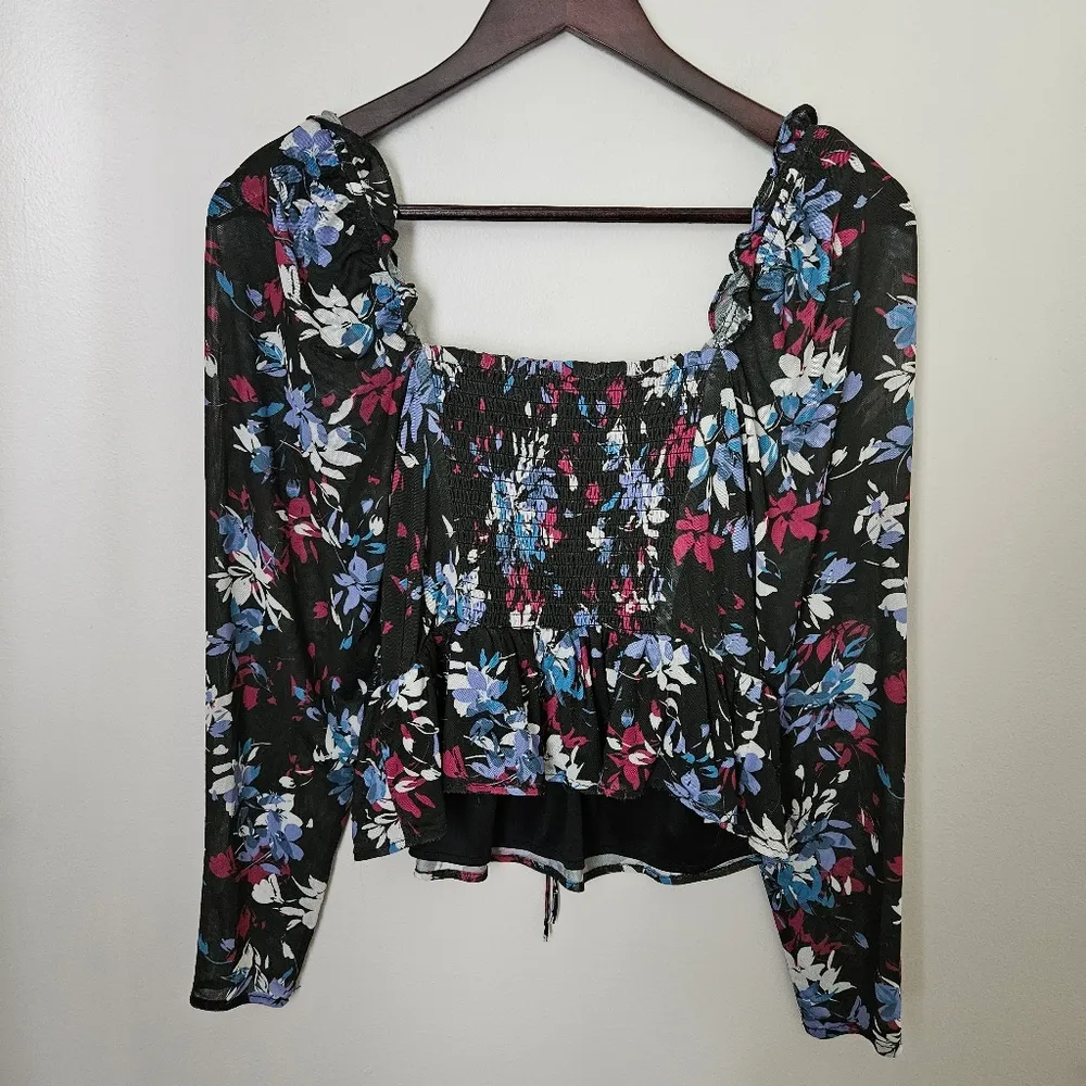 Peter Som Tie Detail Crop Top Floral Long Sleeve Casual Ruched Neutral Black - Image 8