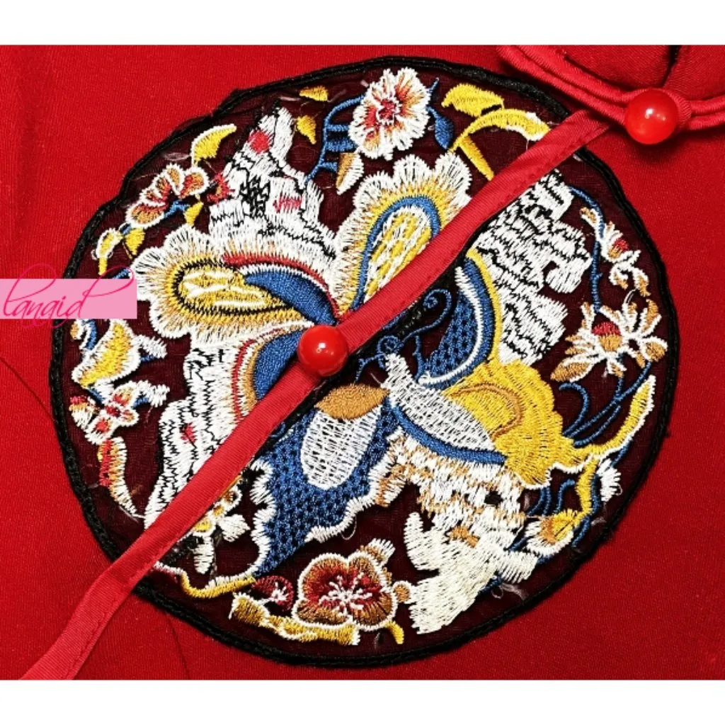 NEW Chinese Asian Oriental Japanese Deep Red Embroidered Mandarin A-Line Dress S - Image 8