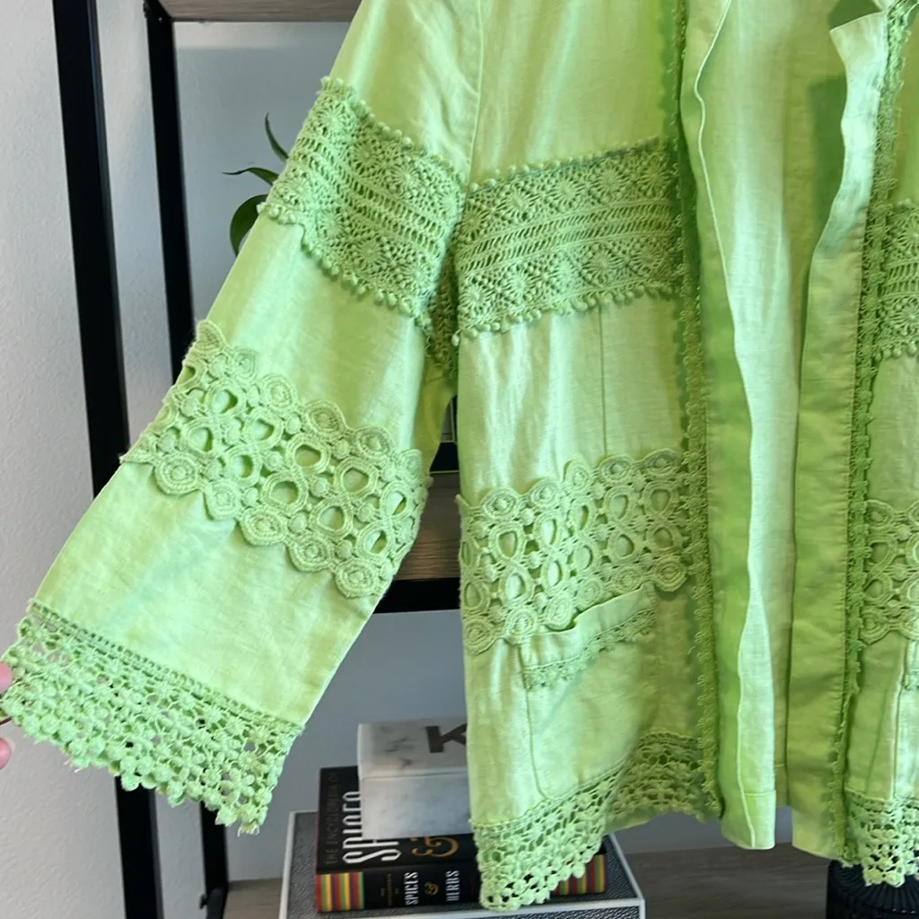 Chico's 100% Linen Light Spring/Summer Open Front Lace Trim Blazer/ Jacket, Sm 4 - Image 3