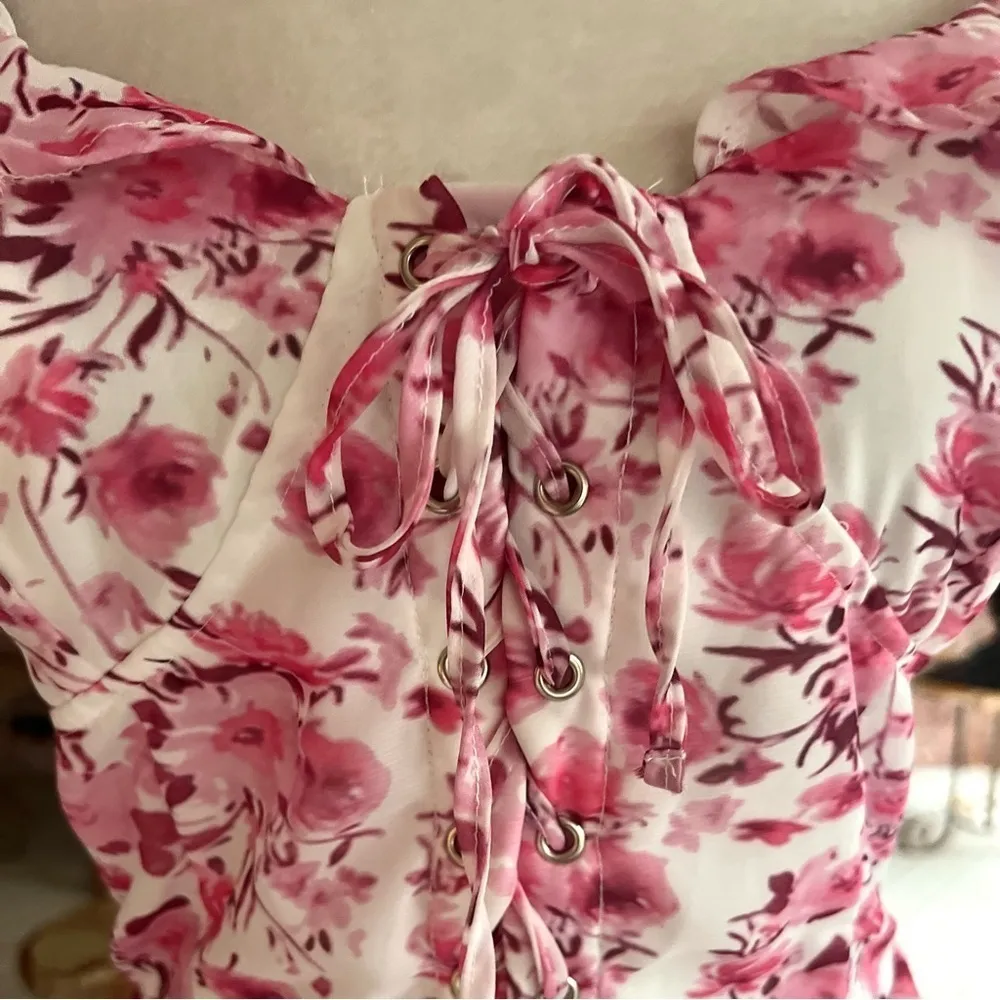 Mari Bella Oh Polly Dress Ruched Floral Off the Shoulder Ruched Bodycon Mini S Pink - Image 6