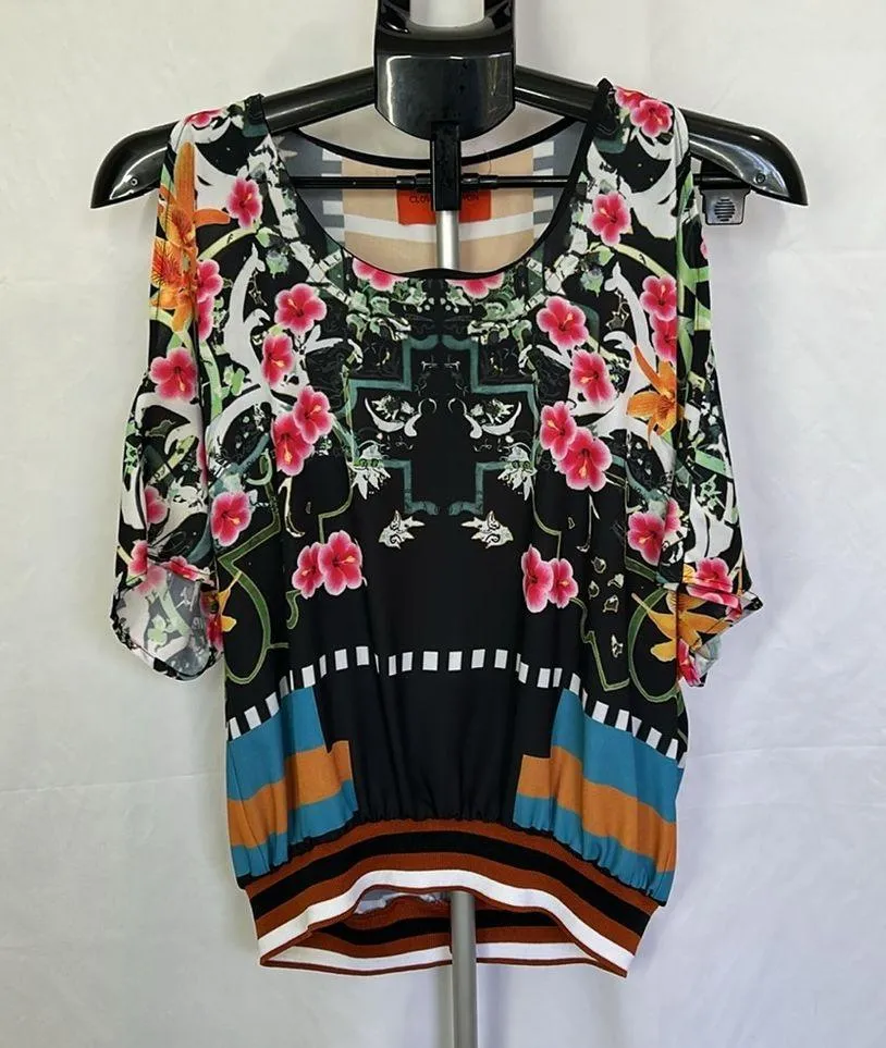 Clover Canyon Cuba Scarf Blouse Floral Geometric Cold Shoulder Top Sz S - Image 2