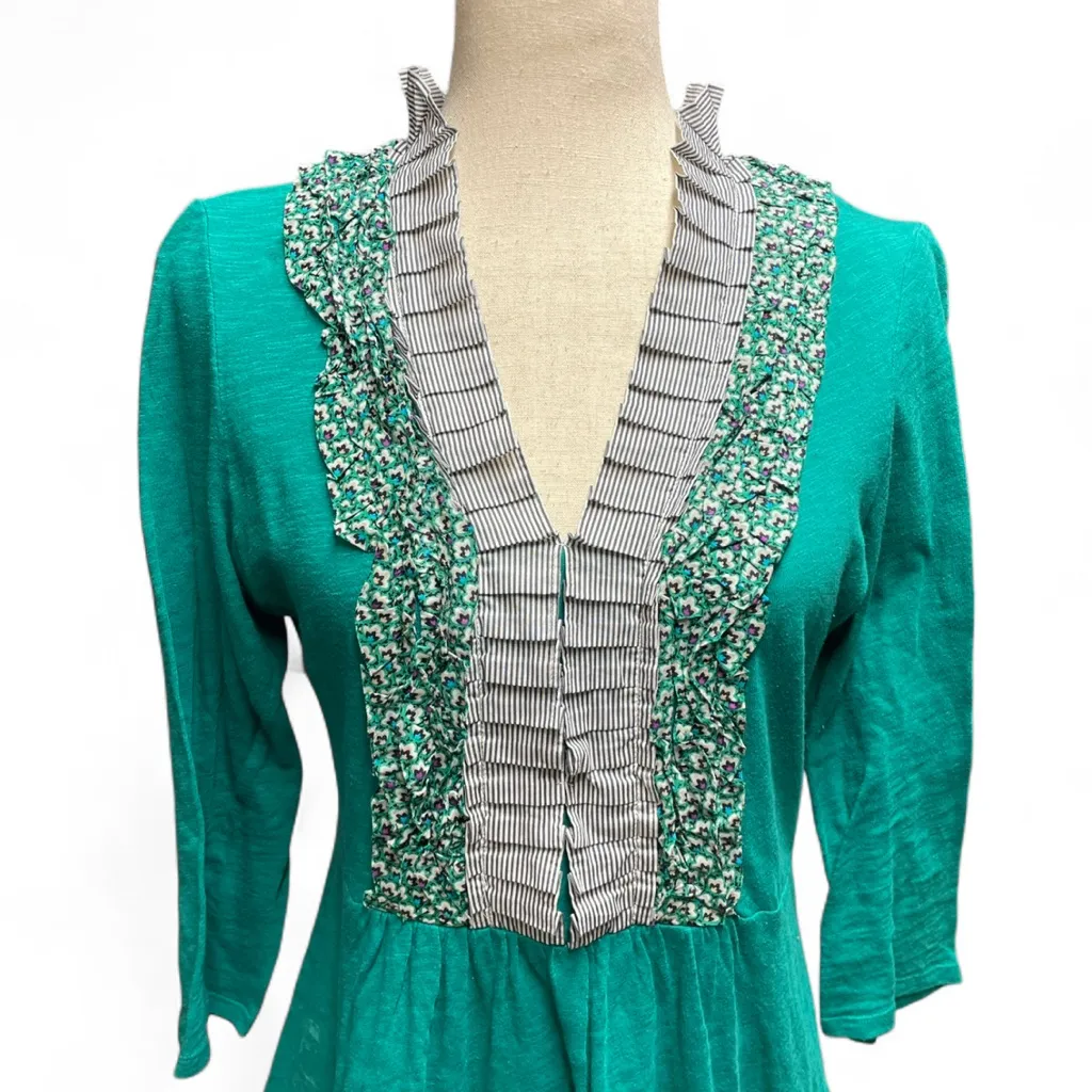 Anthropologie Deletta Y2K Preppy Green Ruffle Vneck Peplum Top Medium New Girl - Image 2