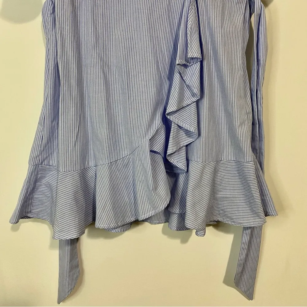 Topshop Women’s Short Sleeve Wrap Shirt Mini Ruffle Dress Blue Stripe Sz 2 EUC - Image 3