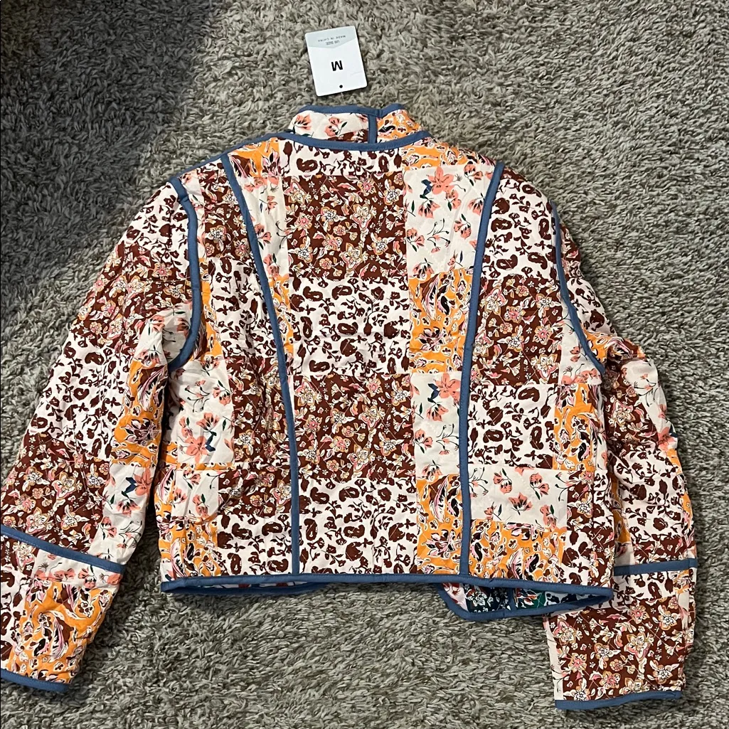 Floral Patchwork Jacket with Blue Trim Orange Size M - Image 3