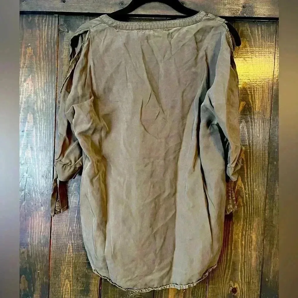 Alba De Olive Green V-Neck Wrap Blouse with Roll-Tab Sleeves CasualTop‎ A2 - Image 5