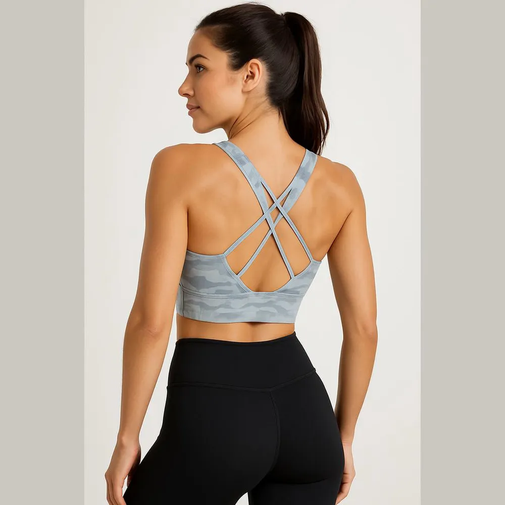 Gray Camouflage V Neck Sports Bra - Image 3