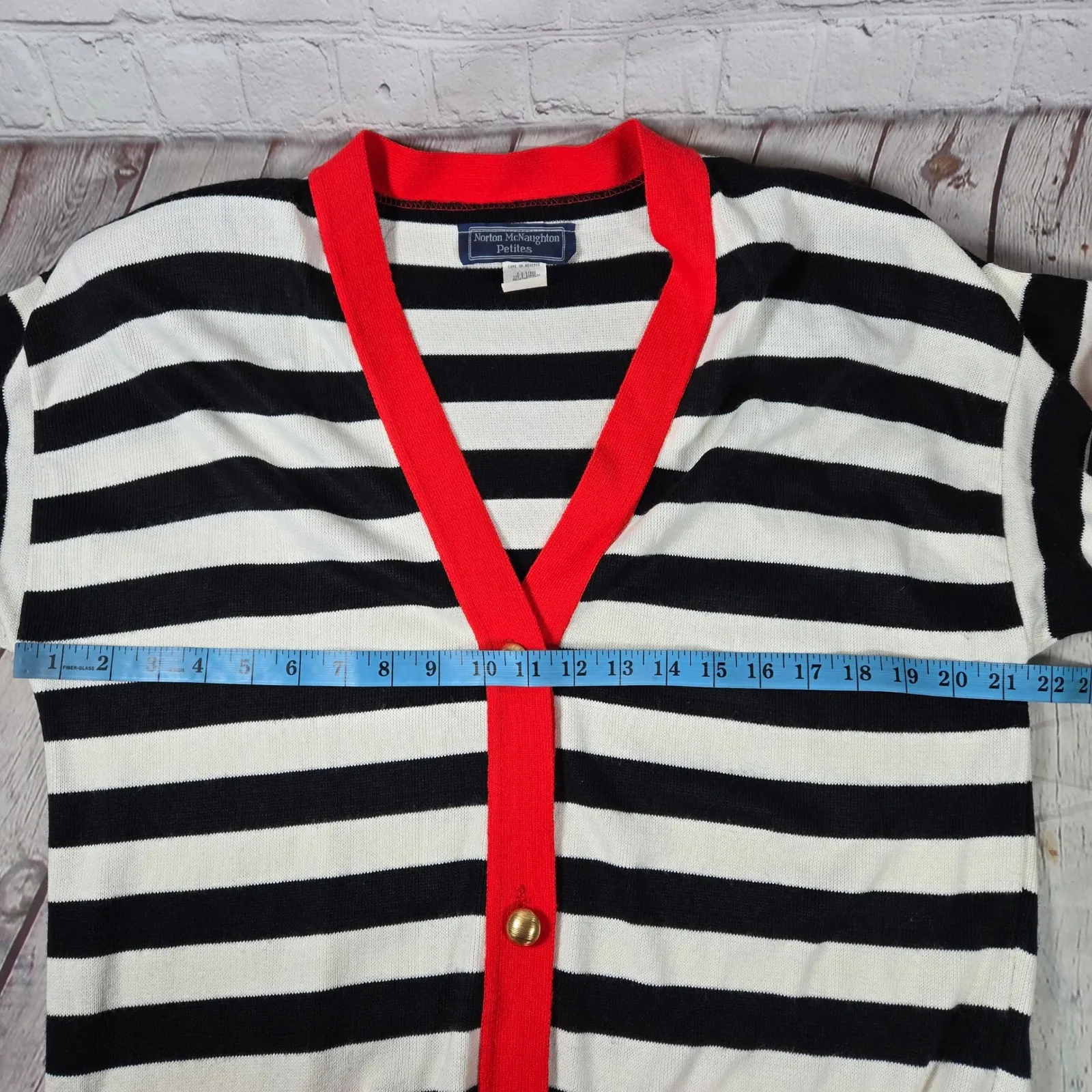 Norton McNaughton Petites Black White Red Striped Button Front Cardigan Sweater - Image 8