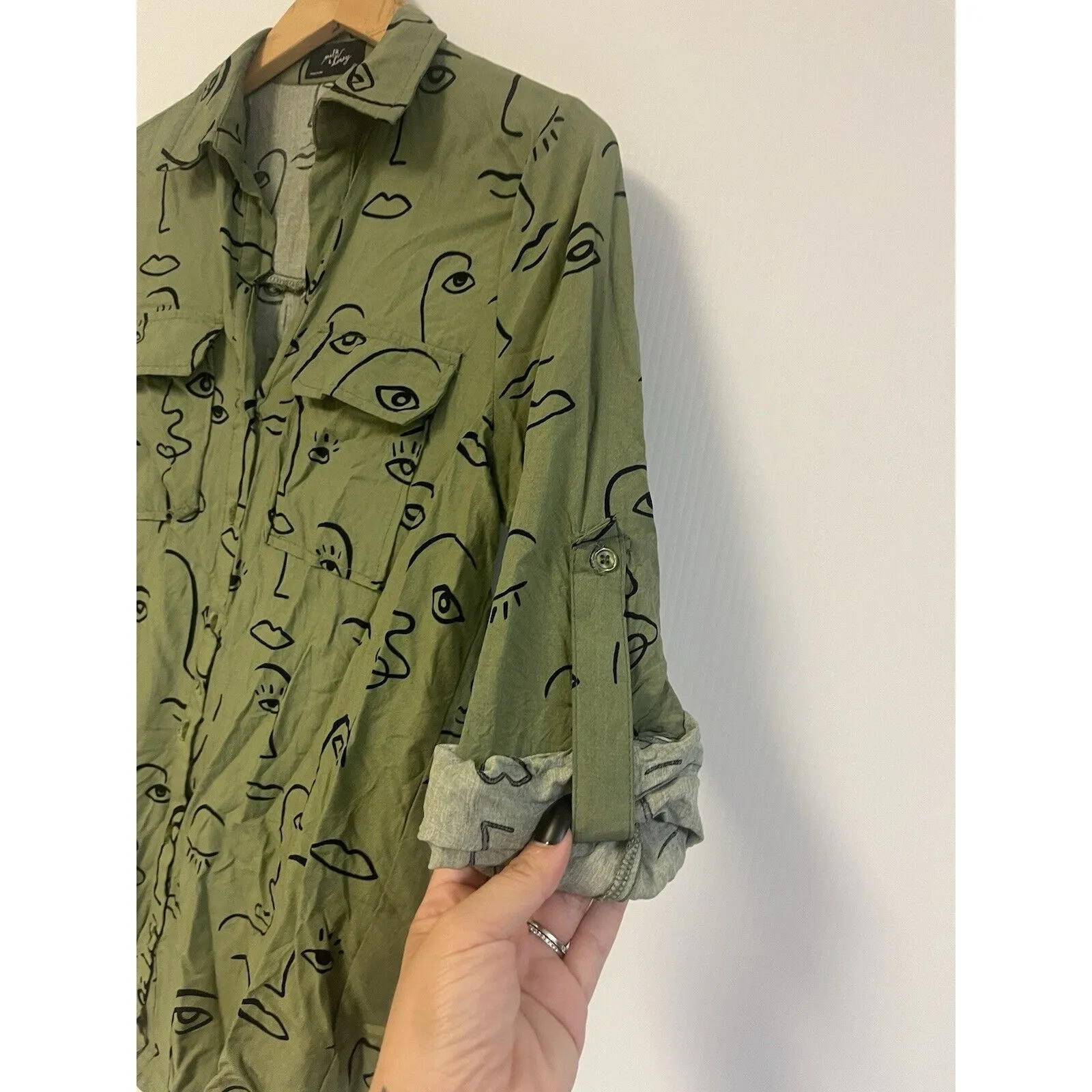 Milk & Honey Shirt Oversized Olive Size S Face Drawing Silhouette Abstract Green - Image 5