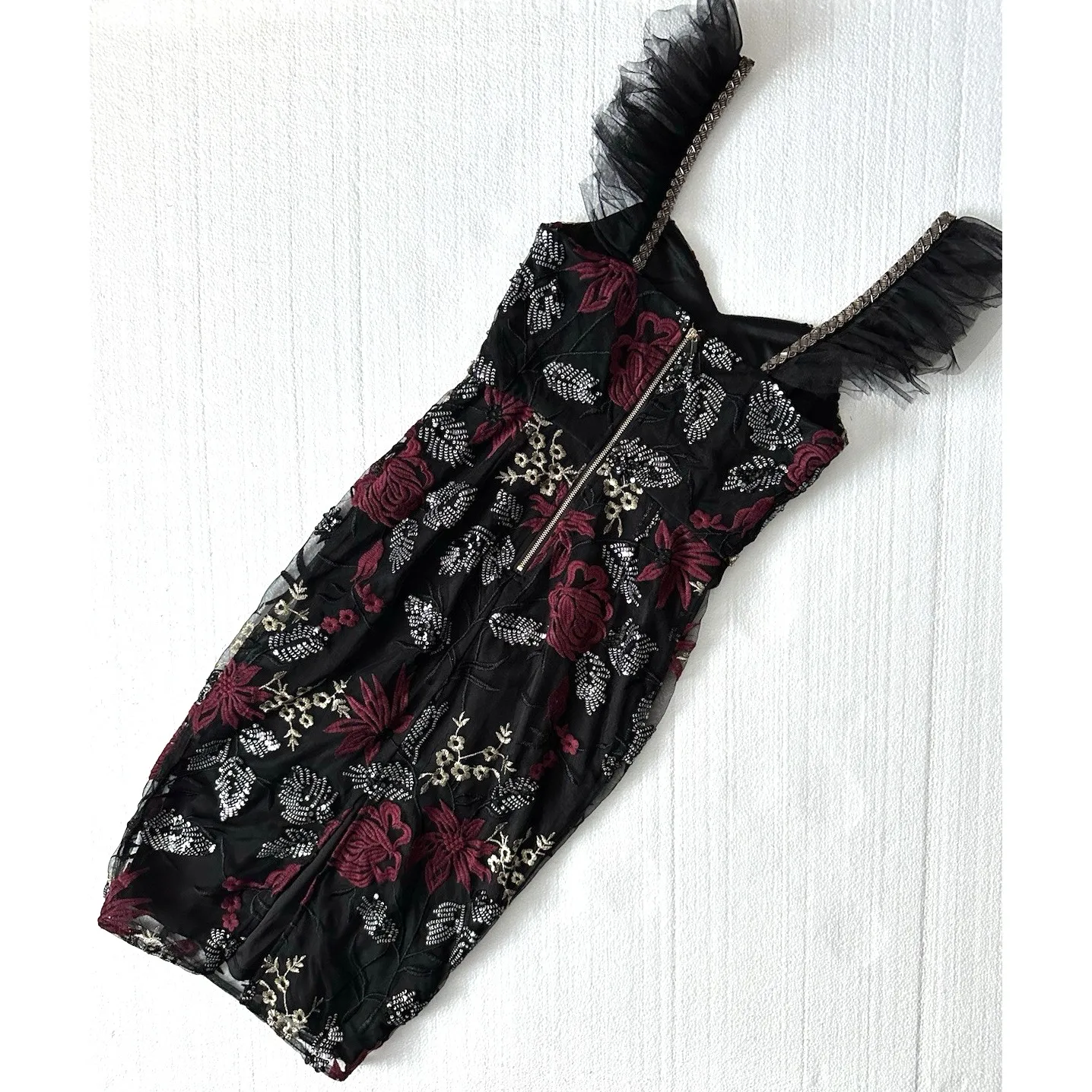 Retro Floral Beaded Dress XS Cocktail‎ Black Sequin Dark Whimsigoth Hoco Holiday - Image 7