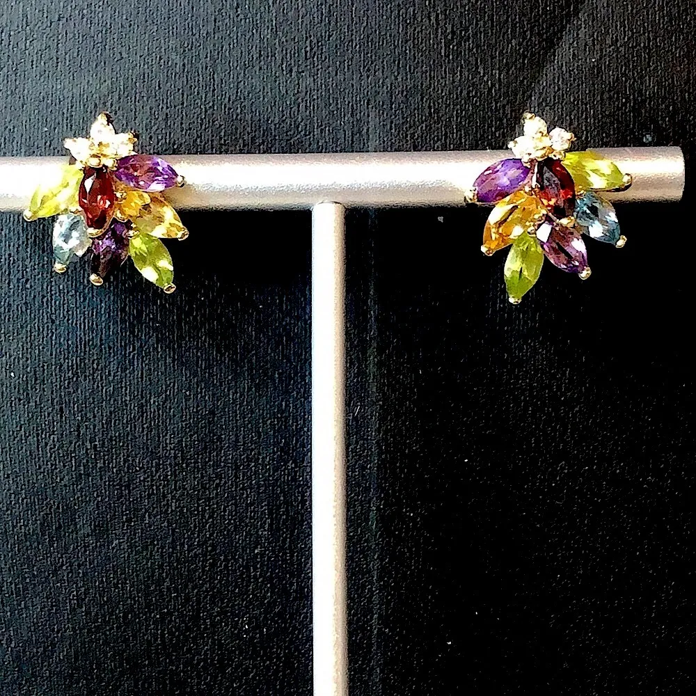VTG Gemstone Vermeil Earrings Garnet Amethyst Citrine Peridot Diamond Blue Topaz - Image 12
