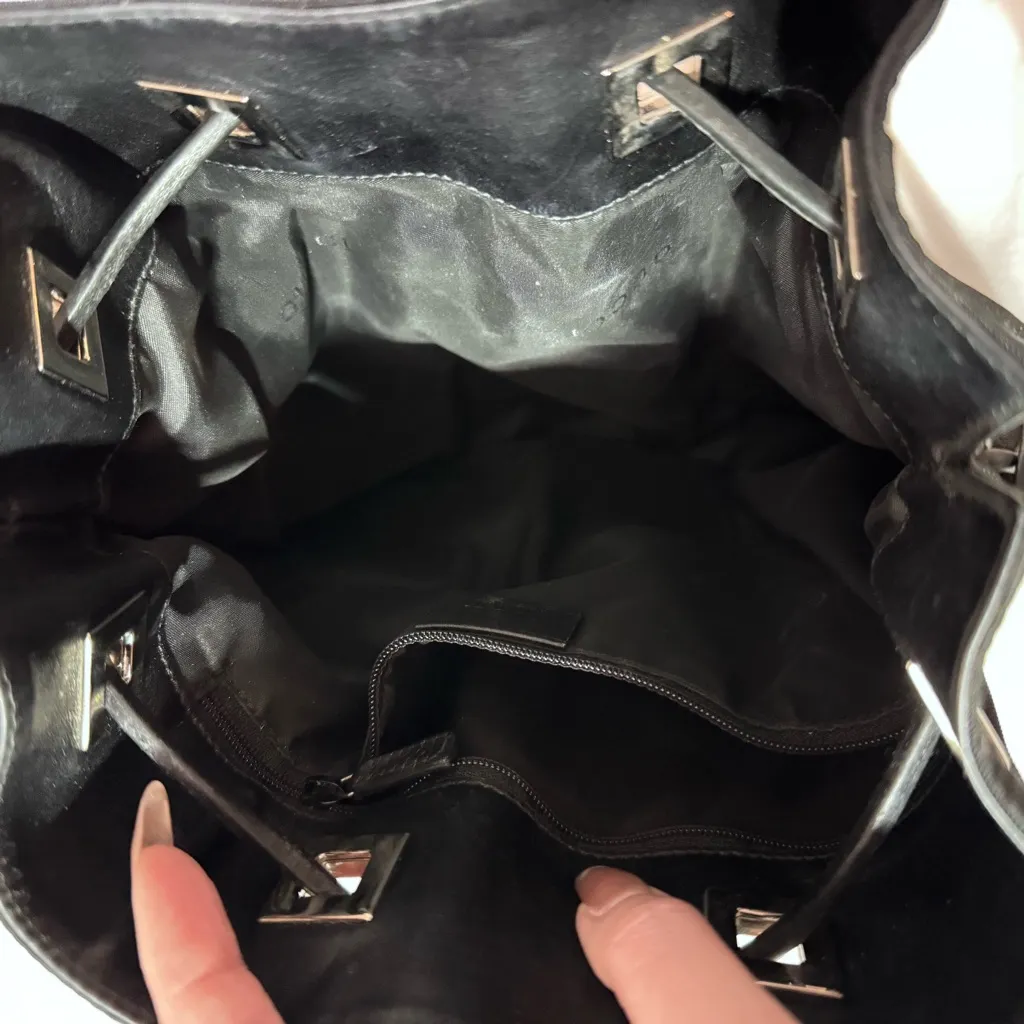 Gucci Drawstring Bucket Bag Leather Silver Chain Link Strap Nylon VTG - Image 6