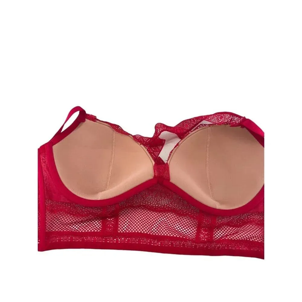 Victoria's Secret Long Line Choker Red Mesh Lined Plunge Bra Womens 34DD - Image 3