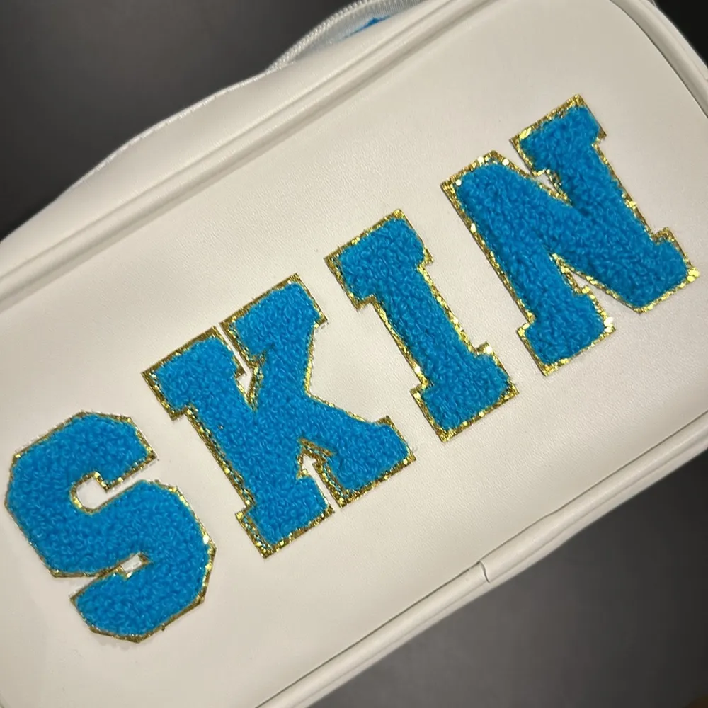 SKIN Lettering Blue Gold White Travel Toiletry Makeup Pouch - Image 2