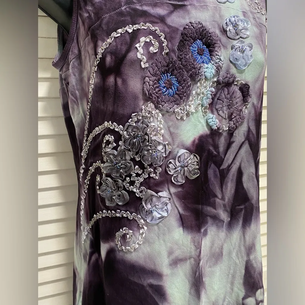 Trixie‎ Tie Dye Purple/Teal Sleeveless Blouse Beads Ribbon Embroidery Size M NWT Purple Size M - Image 5
